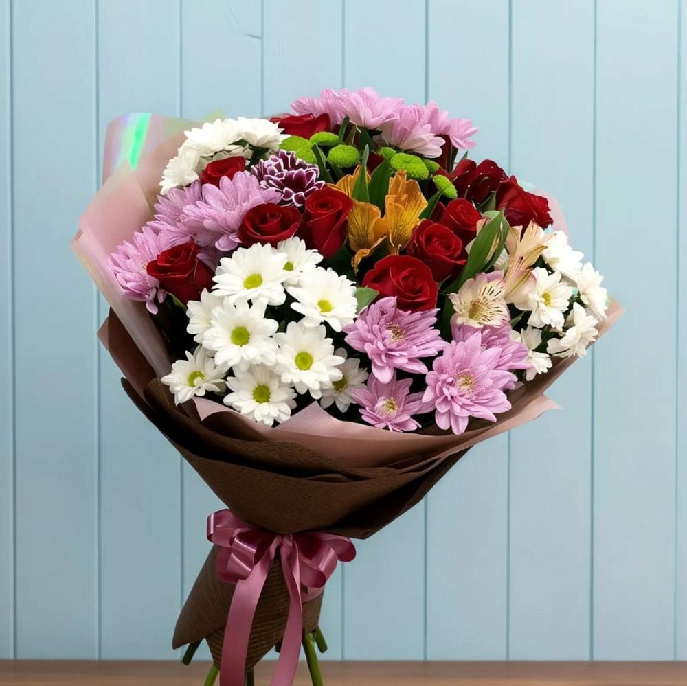 Букет цветов из: Розы, Хризантемы и Альстромерии в Посёлке Пеледуй